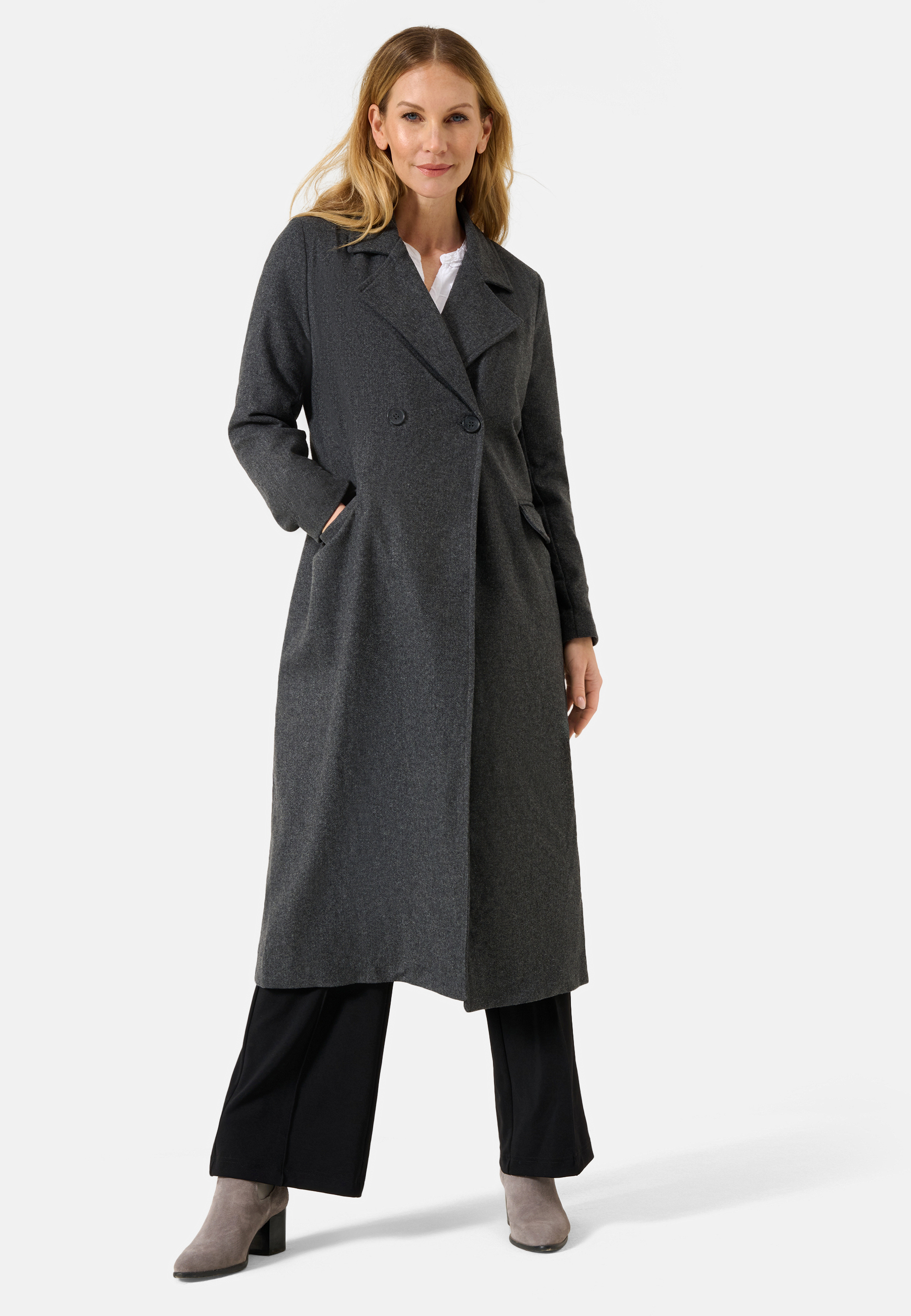 Damen Textil Mantel Alberta in Grau von Ricano, Frontansicht an Model