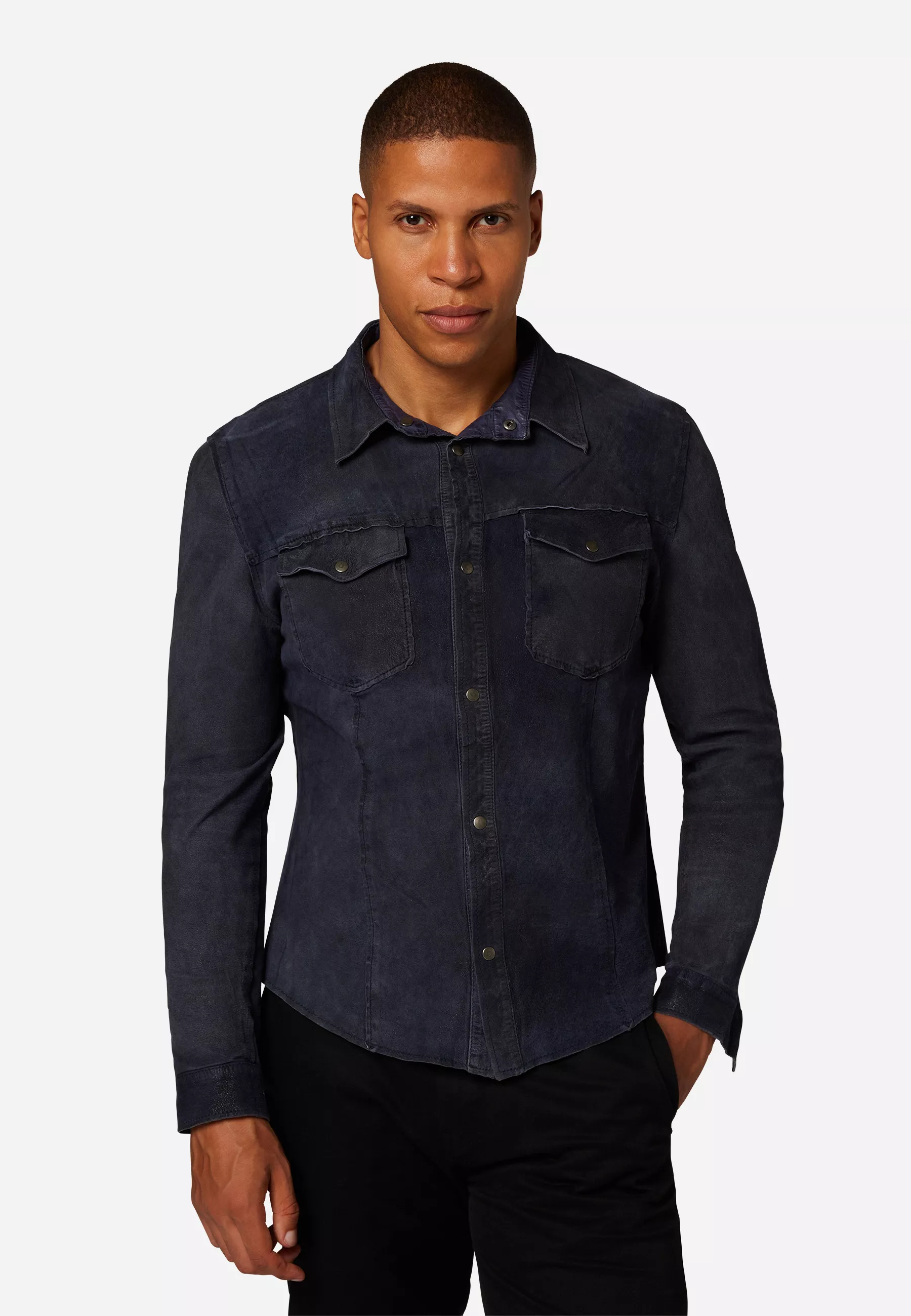 Herren Lederjacke Reverse Shirt Wildleder in Blau von Ricano von Ricano, Frontansicht am Model